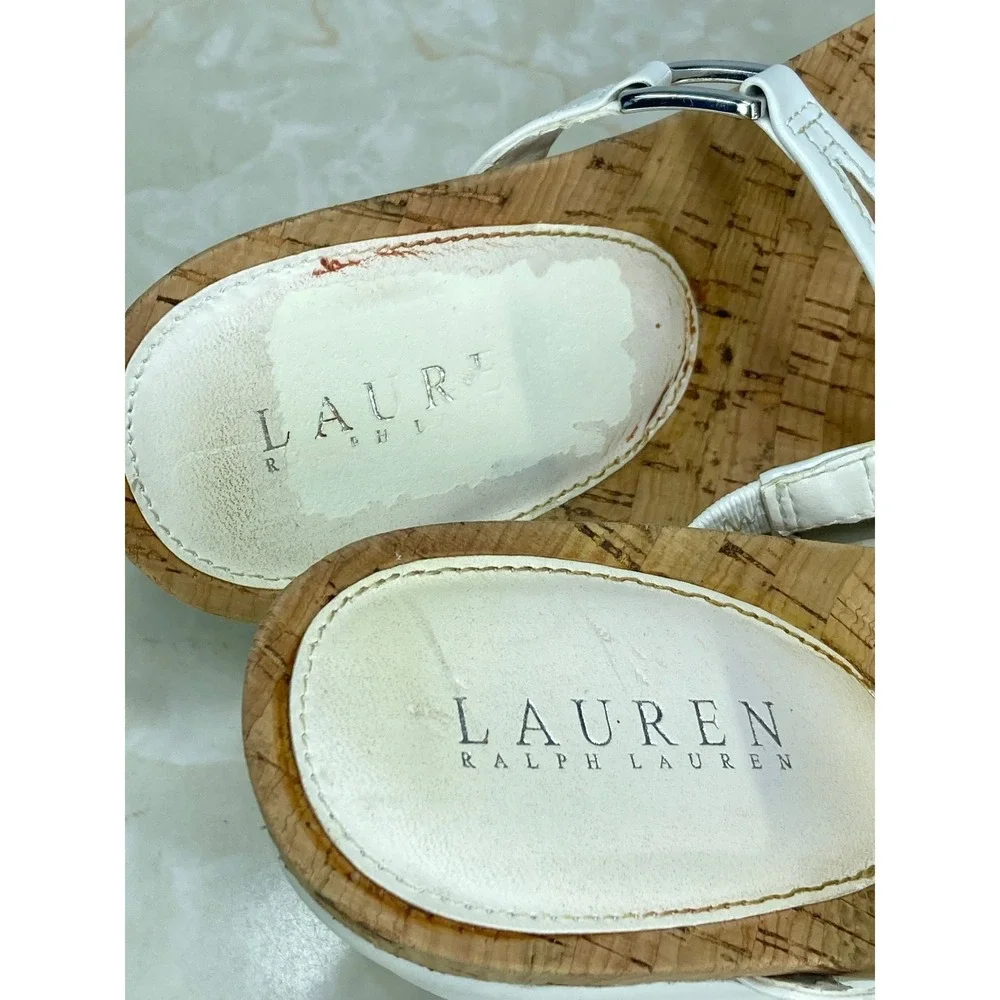 Lauren Ralph Lauren Rula Wedge Thong Sandals Women 8.5 White T-Strap Comfy Shoes